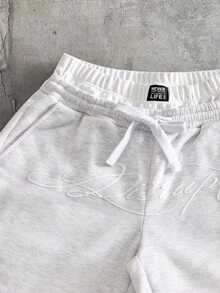 AXEPEAK 男士字母印花抽绳腰带口袋休闲日常运动裤 - 淺灰色 - 查看 2