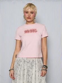 COUREZ “爱我”印花短袖缩水T恤 / Y2K 春季可爱性感女式上衣 粉色外出派对上衣 约会之夜 情人节 - 粉色 - 查看 4