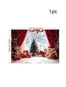1Pc,2pcs 2D Flat Christmas Happy Background Banner, Featuring A Fairy-Tale Style Snowman Background, With Red Curtains, Christmas Trees, Teddy Bears And Gift Patterns ,Christmas Decorations - Multicolor - View 9