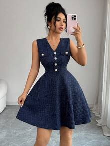 Elenzga 新款女士V领无袖针织迷你连衣裙，采用仿口袋翻盖设计，优雅百搭 - 藏蓝色 - 查看 4