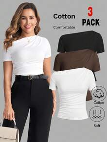 Ellevyn Plus Size Women's 3pcs Solid Color Ruched Slim Fit Asymmetrical Shoulder Short Sleeve T-Shirt Summer Spring Valentine's Day Resort Wear 3 Packs Tops Fitted Tops Women Shirt Packs For Women Cotton Women's Tops T-Shirts Women Cotton Blend Tops Short Sleeve Shirts - Multicolor - View 1
