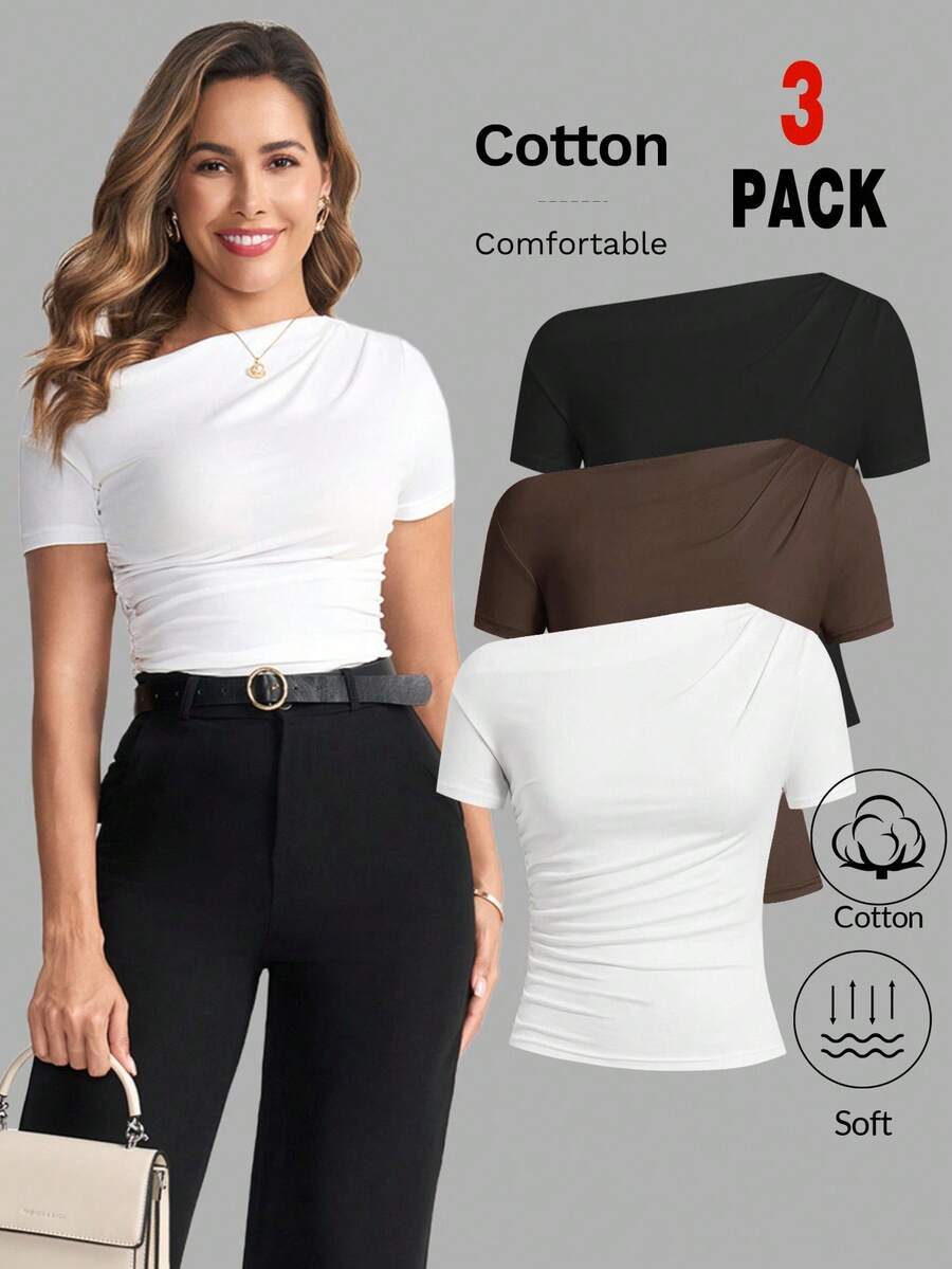 Ellevyn Plus Size Women's 3pcs Solid Color Ruched Slim Fit Asymmetrical Shoulder Short Sleeve T-Shirt Summer Spring Valentine's Day Resort Wear 3 Packs Tops Fitted Tops Women Shirt Packs For Women Cotton Women's Tops T-Shirts Women Cotton Blend Tops Short Sleeve Shirts - Multicolor - View 1