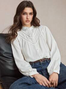 BizChic 2026 Spring/Summer New White Textured Crinkle Fabric Lace Trim Ribbon Patchwork Front Button Closure Ladies Blouse - White - View 3
