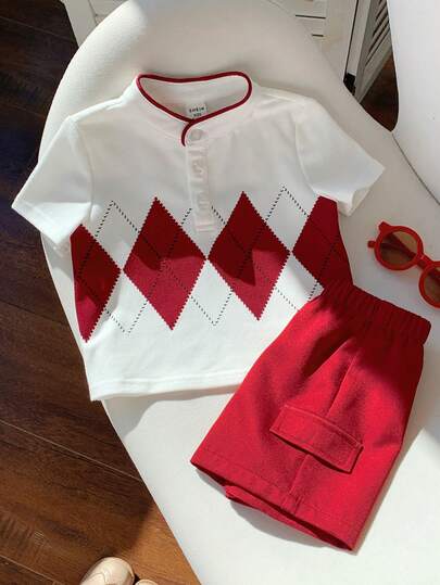 SHEIN 2pcs/Set Toddler Boys' Spring/Summer Burgundy Plaid Short Sleeve Polo Shirt & Shorts Set, Baby Boy Outfits