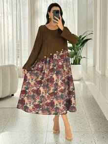 Lacomfia 女士休闲印花拼接纯色圆领长袖宽松常规中长连衣裙，春秋季款 - 彩色 - 查看 3