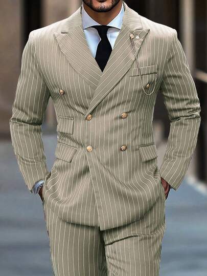 Manfinity Mode Conjunto de chaqueta de traje de manga larga de doble botonadura con estampado de rayas y pantalón de traje con bolsillos sesgados para hombre