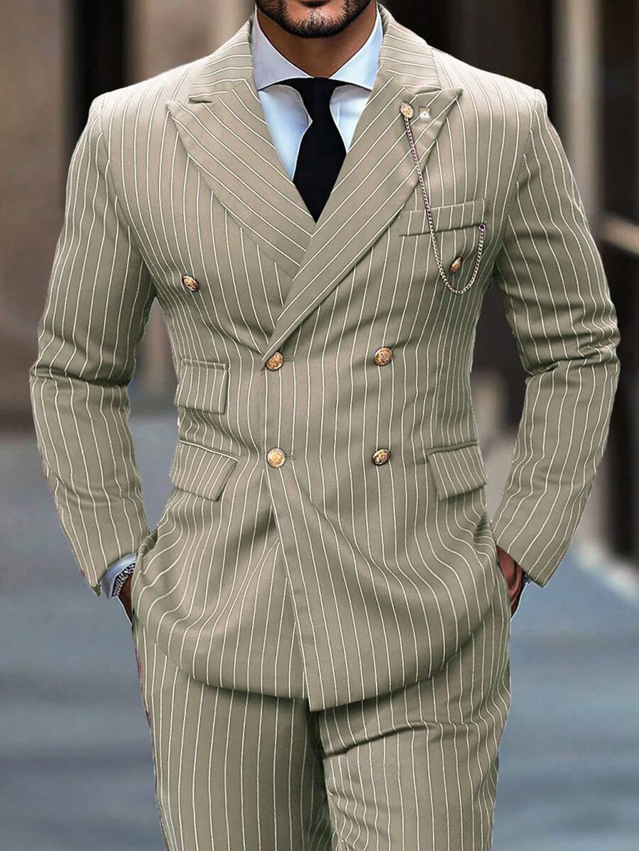 Manfinity Mode Men's Striped Print Double-Breasted Long Sleeve Suit Jacket And Slant Pocket Suit Pants Set - Khaki - View 1