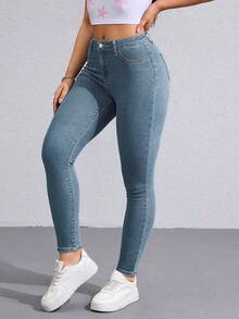 Flexra Solid Color Slant Pocket Skinny Casual Jeans - Dusty Blue - View 3