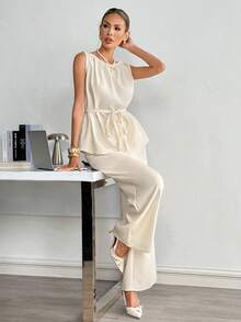 Siren Gaze 2件套 女士简约休闲系腰无袖上衣和裤子套装 - 杏色 - 查看 5