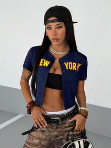 StreetHx Streetwear Women's Letter Print Fitted Short Sleeve Shirt, Spring/Summer - Navy Blue - View 4