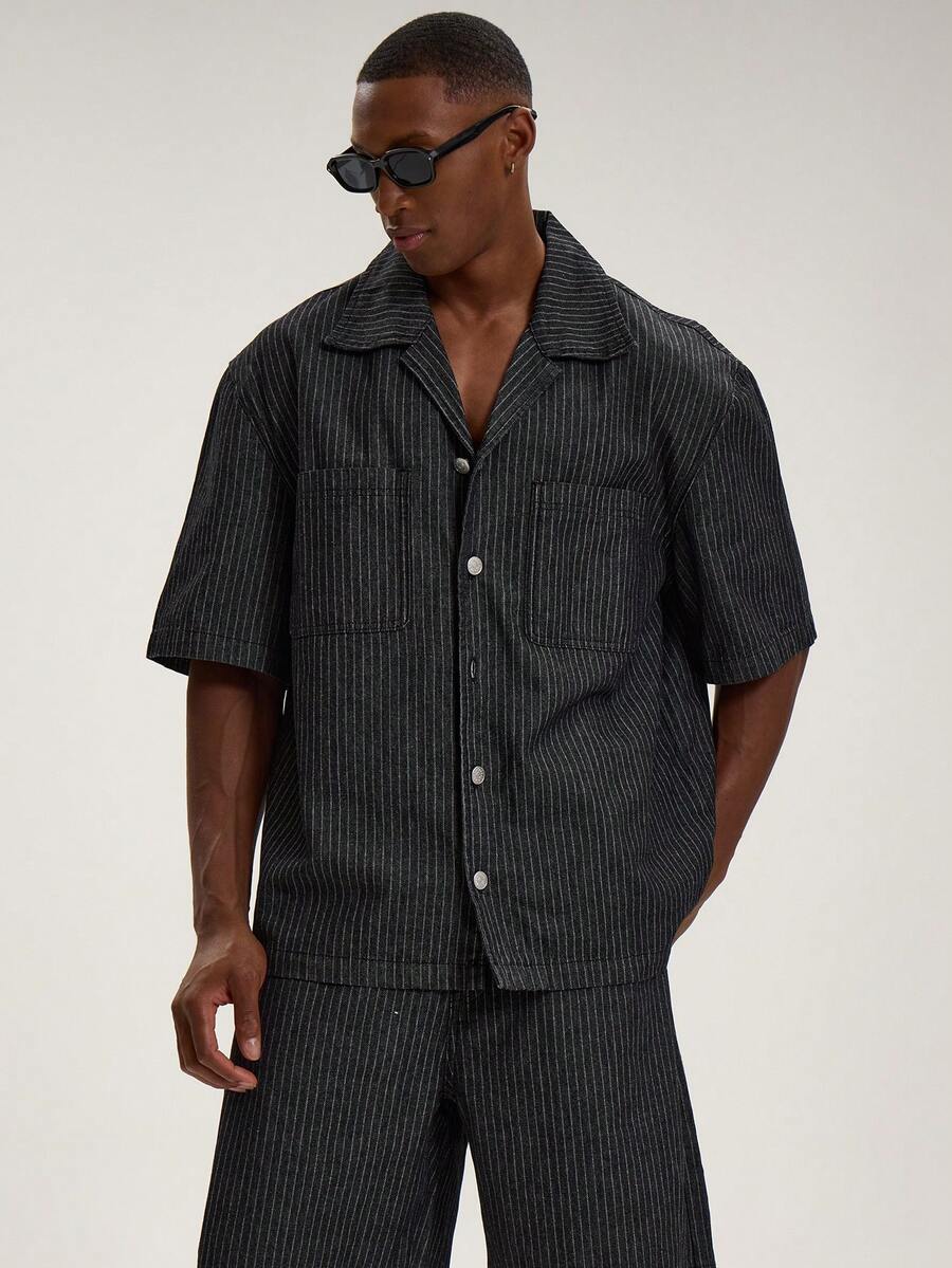 Musero Short Sleeve Dropped Shoulder Boxy Fit Revere Collar Button Through Shirt Style Denim Top Spring Summer Essentials - Black and White - View 1