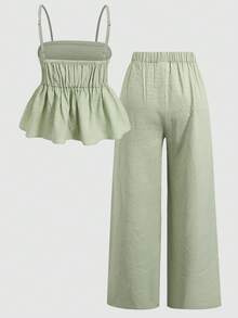Girlism Setelan Camisole dan Celana Pendek Minimalis untuk Liburan Musim Panas, Warna Polos, Bertekstur, dengan Detail Ruffle di Bagian Bawah, untuk Anak Perempuan Remaja. - Biru - View 2