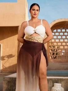 Swim Oasis Nuovo costume da bagno intero da donna taglie forti con spalline sottili e tre colori, con gonna lunga e trasparente, costume da bagno casual a due pezzi per vacanze - Multicolore - Visualizzare 10