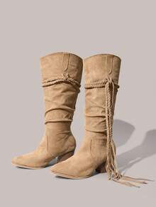 Styleloop 女士尖头流苏设计时尚粗跟西部靴 - 棕色 - 查看 4