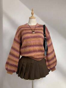 Elamini 女式圆领落肩长袖渐变色休闲时尚毛衣，秋冬