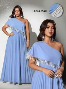 Viva Relle Plus Size Women's Romantic Elegant Luxurious Party/Wedding Dress With Asymmetric Shoulder Cape Sleeves, Spring/Summer - Blue - View 1