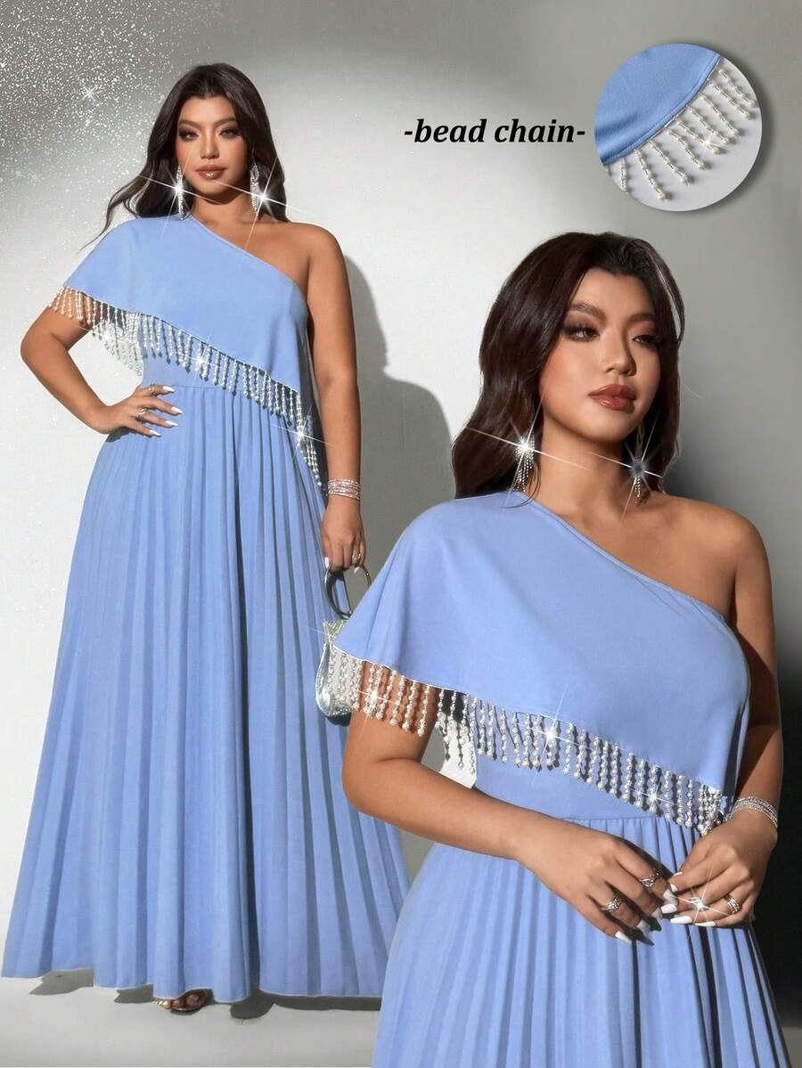 Viva Relle Plus Size Women's Romantic Elegant Luxurious Party/Wedding Dress With Asymmetric Shoulder Cape Sleeves, Spring/Summer - Blue - View 1