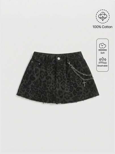 ROMWE Grunge Punk Y2K Vintage Sexy Cross Chain Decor Leopard Print Women Denim Mini Skirt