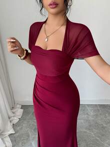 SHEIN Elenzya 优雅浪漫的修身连衣裙，腰部收紧，裙摆呈喇叭形，短袖方领披肩设计，适合派对、约会和聚会等场合。 - 酒紅色 - 查看 1