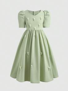 SHEIN Đầm tay phồng trang nhã đính ngọc trai dành cho bé gái tuổi teen, thích hợp cho mùa hè. - Nhiều màu - Xem 6