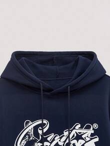 Open Phase Men's Casual Everyday Commute Minimalist Printed Kangaroo Pocket Drawstring Hoodie, Autumn/Winter - Navy Blue - View 4