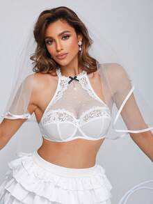 SHEIN Women's Lace Patchwork Halter Neck Underwire Bra With Bow Decor - White - View 4