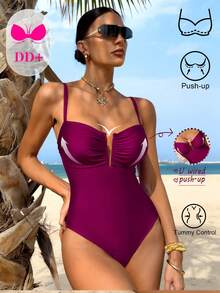 Swim DD+ 1pc Women's DD+ Cup Sexy U-Neck Cutout Back Hollow Out One-Piece Swimsuit, Spring/Summer - Burgundy - View 2