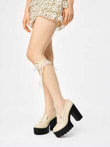 ROMWE Kawaii Fashionable Versatile Commute Thick Sole Chunky High Heel Pumps Y2K 2000s Style - Beige - View 3