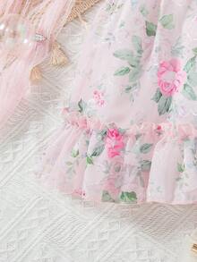 Glamorique Kids 2-5岁女婴夏季玫瑰印花无袖泡泡袖连衣裙，后背拉链，优雅百搭，甜美可爱，适合休闲穿着。 - 粉色 - 查看 10