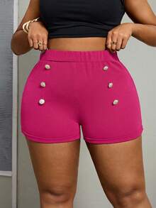 SHEIN PETITE CURVE Plus Size Summer Fashion Button Decor Elastic Waist Shorts - Hot Pink - View 6