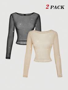 SHEIN MOD 2pcs Women's Sexy Sheer Semi-See-Through Fitted Long Sleeve Top,Country Outfits,Beach Vacation Wear,Tea Party ,Modest ,Prom Top,Cute Tops,Valentine's Day,Club Outfit,Tank Top,Summer Outfit For Women,Spring Break Outfits,Sparkly Tops, Carnival Costume Long Sleeve Tops - Multicolor - View 1