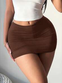 SHEIN SXY Chân váy ngắn ôm sát màu nâu gợi cảm dành cho nữ (kèm quần legging) - màu nâu - Xem 4