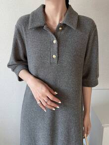 FRIFUL Women's Solid Color Polo Collar Loose Casual Long Dress - Grey - View 1