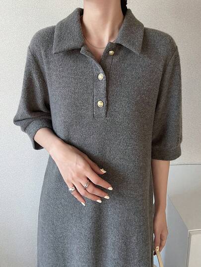 FRIFUL Women's Solid Color Polo Collar Loose Casual Long Dress