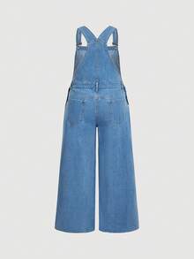 Sweetra Plus Size Casual Versatile Wide Leg Loose Denim Bib Pants - Light Wash - View 2