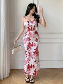 Celisse Đầm maxi dáng suông ôm sát, xẻ tà, in hoa dành cho nữ. - Đỏ - Xem 6