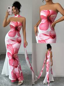 Selianne 标准尺码女士优雅无肩带系带宽松飘逸荷叶边印花连衣裙，清新法式乡村海滩户外夏季派对、海滩、晚餐、约会、情人节、婚礼等场合皆宜 - 白色 - 查看 3