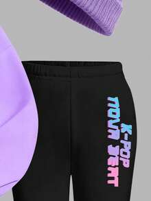 2pcs Young Girls Casual K-POP Cartoon Character Print Long Sleeve Crew Neck Sweatshirt And Flare Pants Set, Comfortable Daily & Holiday Wear, Suitable For Autumn/Winter, K-POP Style Outfit - Multicolor - View 6