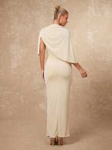 Lumalex 不对称金属装饰网纱柔软飘逸褶皱腰身修身长袖连衣裙,适合女士穿着,垂坠感十足,棕色长裙,杏色优雅长袖连衣裙,杏色婚礼宾客礼服,波西米亚风/浪漫风/魅力风/派对风/优雅风,奢华舞会聚会宴会,低调奢华,闪耀节日派对,锐舞节,郊游度假,户外休闲,层次丰富,适合婚礼季宴会、圣诞节、新年派对、宰牲节派对、情人节约会、晚宴派对,适合秋/春/夏穿着,春季女装 - 杏色 - 查看 3