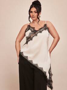 SHEIN BAE Áo kiểu thanh lịch viền ren đen trắng cho ngày Valentine xuân/hè, áo gợi cảm cỡ lớn. - Đen và trắng - Xem 4