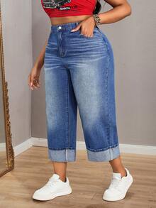 Slaydiva Quần jeans ống rộng cạp cao, xắn gấu, dáng suông, chất liệu wash, cỡ lớn, kiểu dáng thường ngày. - Màu xanh lam - Xem 4