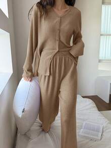 DAZY 2pcs Women Casual Striped Textured Fleece Cardigan And Pants Pajama Set, Suitable For Spring - Camel - View 5