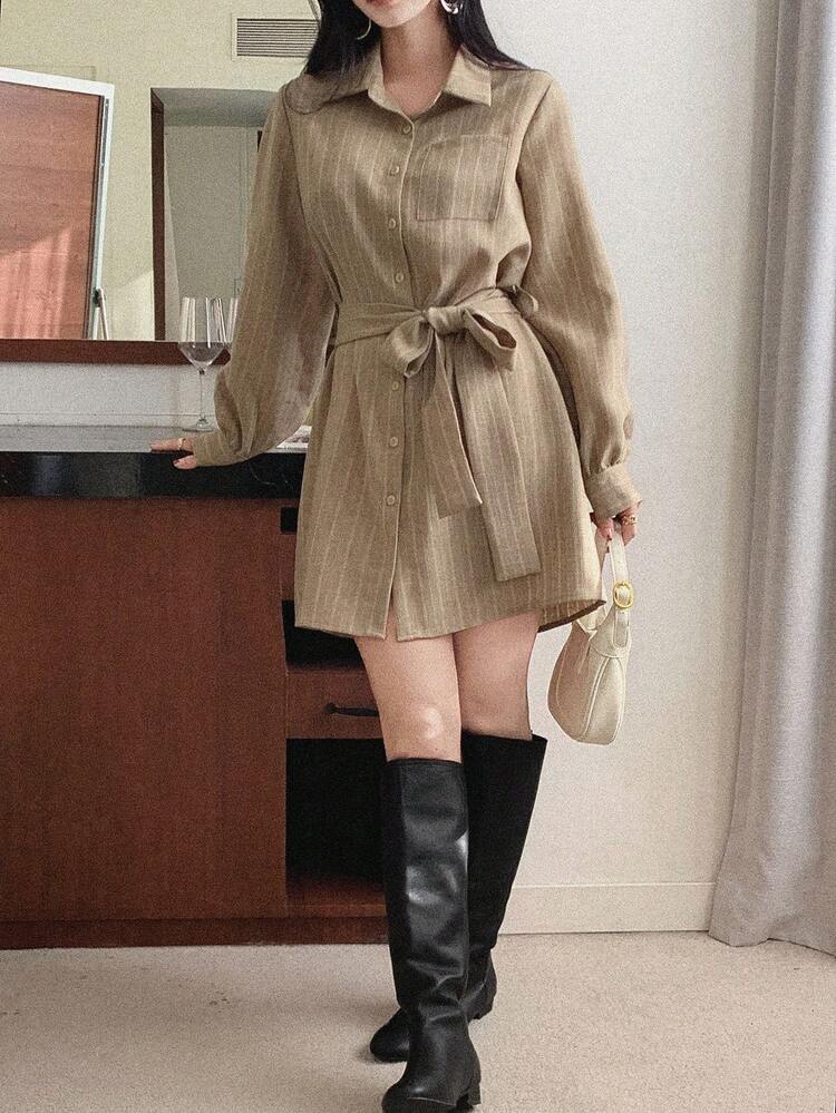 Women's Striped Long Sleeve Single-Breasted Casual Pocket Shirt Dress Sundress