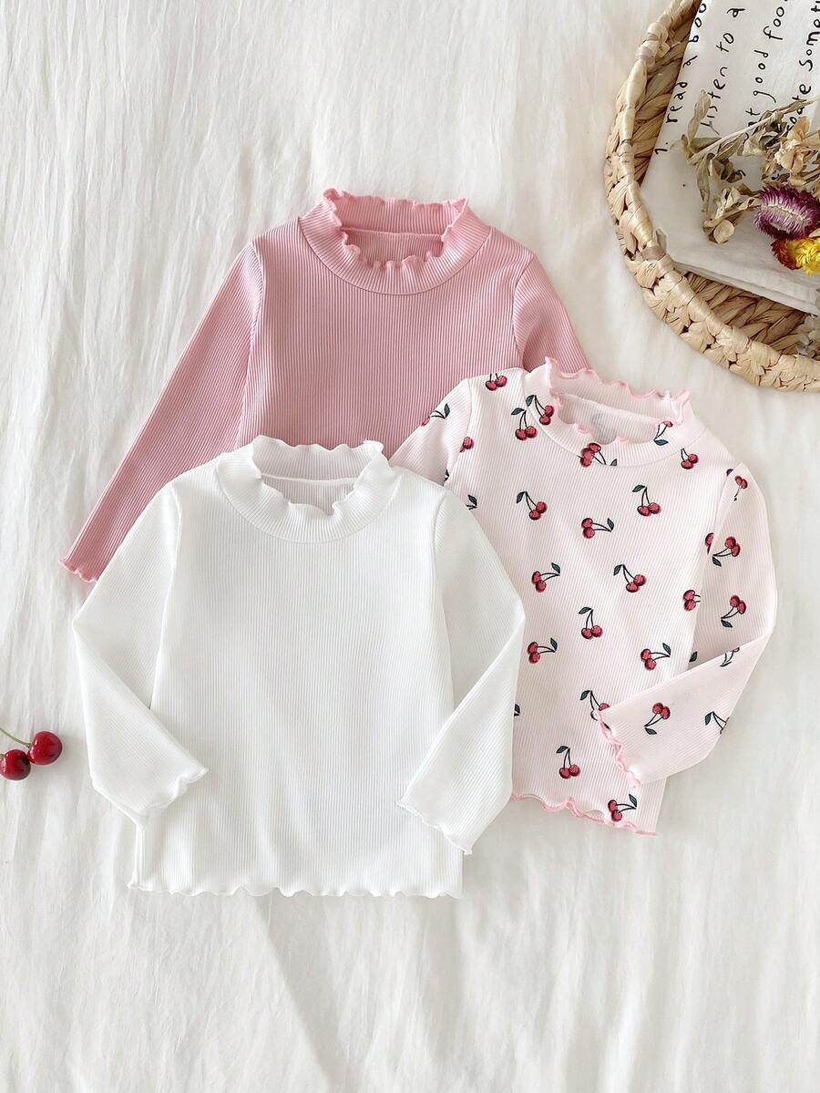 SHEIN 3pcs Baby Girls Cute Print Ribbed Fabric Ruffle Hem Long Sleeve Set, Autumn/Winter - Pink - View 1