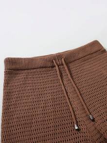 Manfinity KASUA Men's Contrast Stripe Short Sleeve Hollow Out Knit Top And Shorts Set,Summer Crochet Men S Short Set Men Vacation Short Sets Men Two Piece Casual Short Sets Knitted Two Piece Outfit Men Men 2 Piece Set Knit Two Piece Set Men Men Crochet Set Mens Matching Set Brown Sets For Men - Brown - View 3