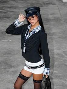 INAWLY Spring Fashion New Commuting Street Y2K Plaid Patchwork 2 In 1 Women Top - Black - View 1