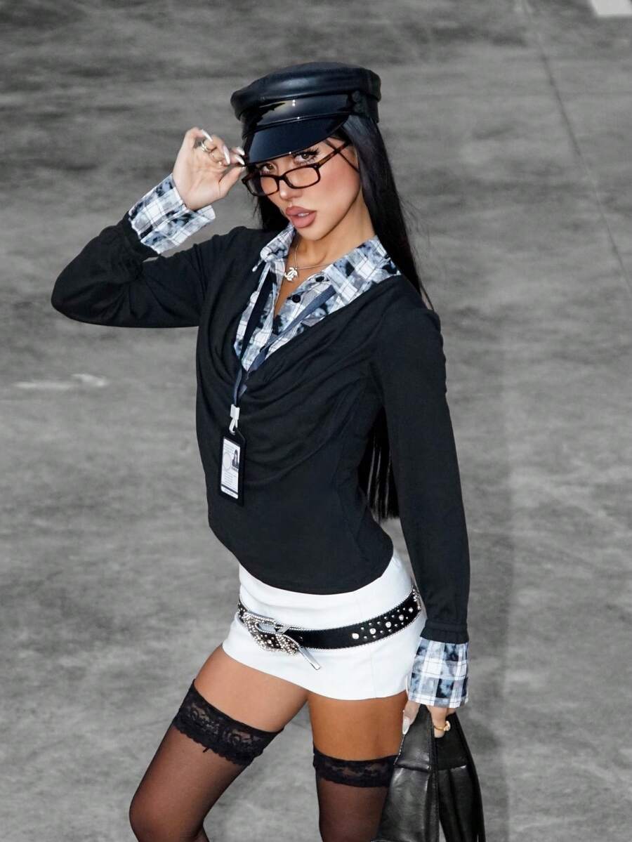INAWLY Spring Fashion New Commuting Street Y2K Plaid Patchwork 2 In 1 Women Top - Black - View 1