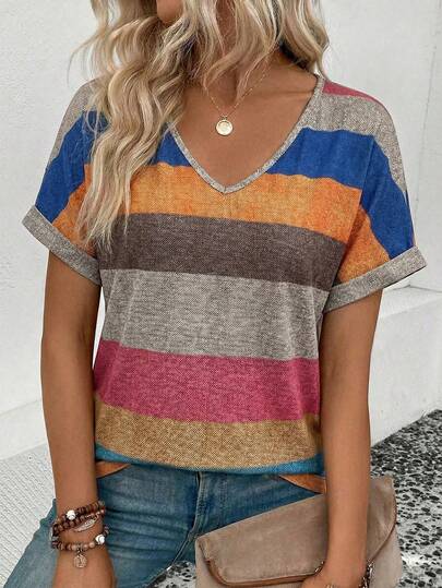 Nueva moda Camiseta de manga corta de mujer casual y versátil con textura de punto y estampado de rayas de colores