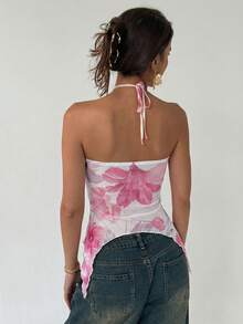 Aloruh 女士休闲印花露背上衣 - 粉色 - 查看 2