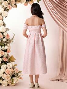 SHEIN Pitira 少女提花露肩优雅连衣裙，粉色 - 粉色 - 查看 8